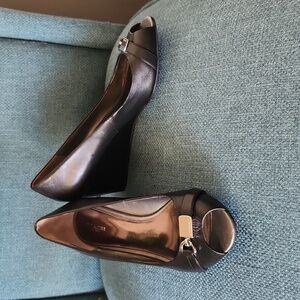 Coach Wedges. Black with silver accents, open toe.